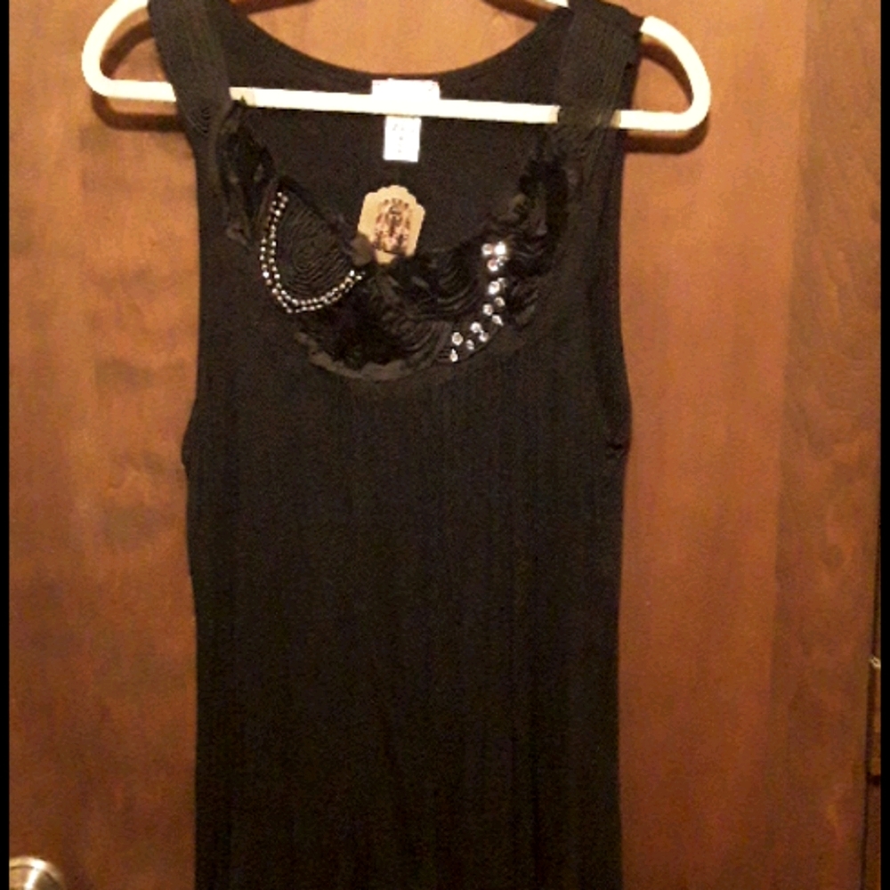 New black knit hi low tunic jeweled rose neckline